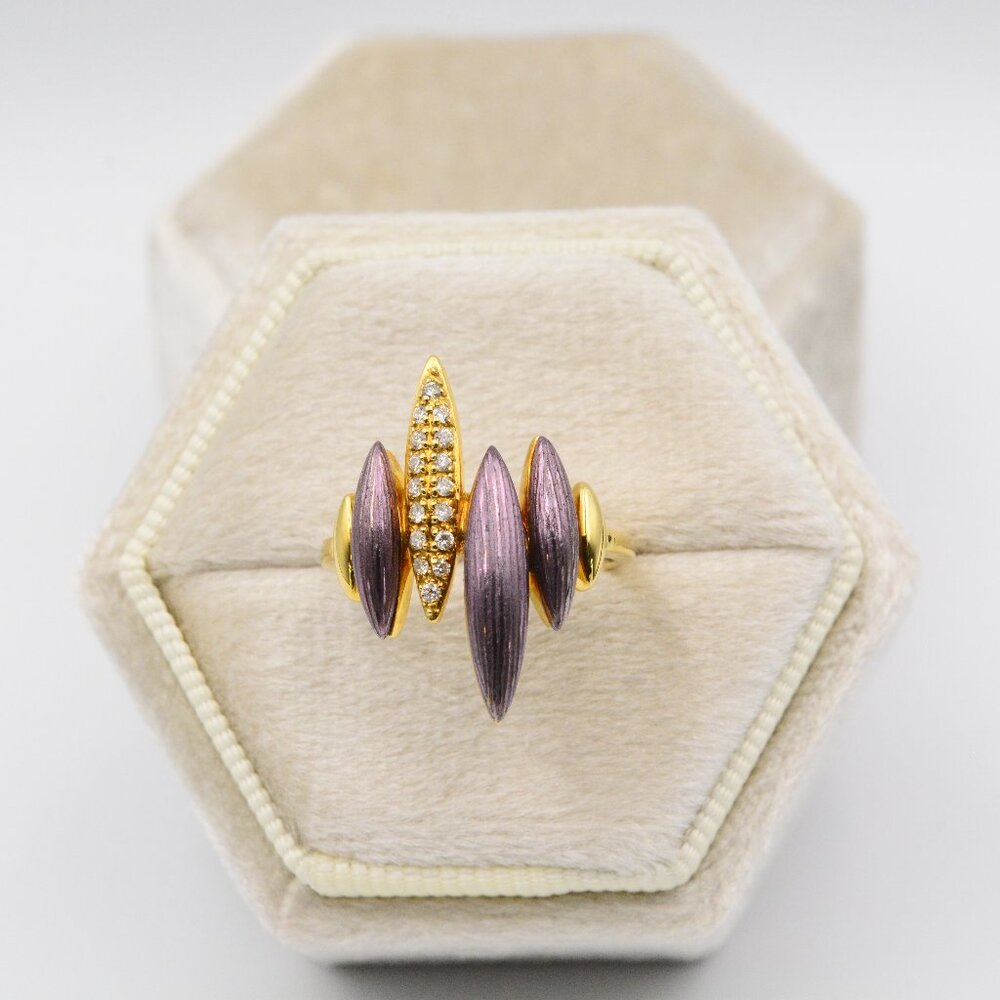 18K Vintage Purple Enamel Ring With Pave Set Diamonds